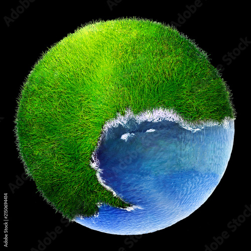 Obraz na plátně Planet Earth concept with green grass field and blue ocean water isolated on bla