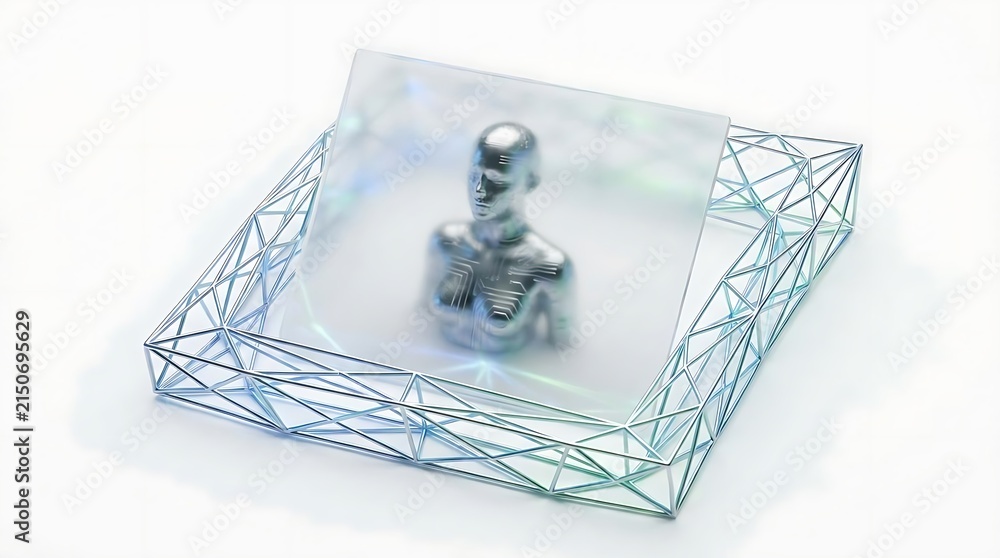 Fototapeta premium Humanoid figure inside blue wireframe glass box.