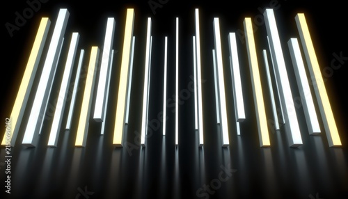 The image features an array of illuminated, elongated rectangular light bars arranged vertically on a glossy black surface