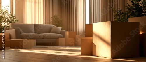 Cardboard moving boxes in warm sunlit living room with sofa and indoor plants