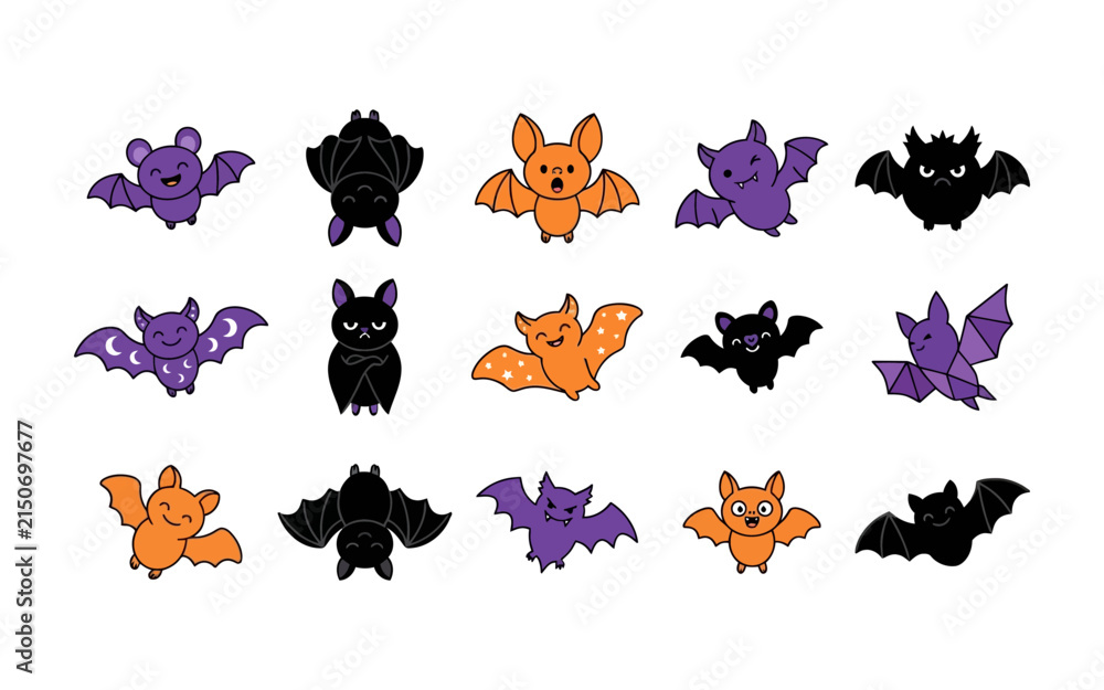 Obraz premium Set of cute cartoon bat characters for halloween decorations and festive design elements in flat vector style