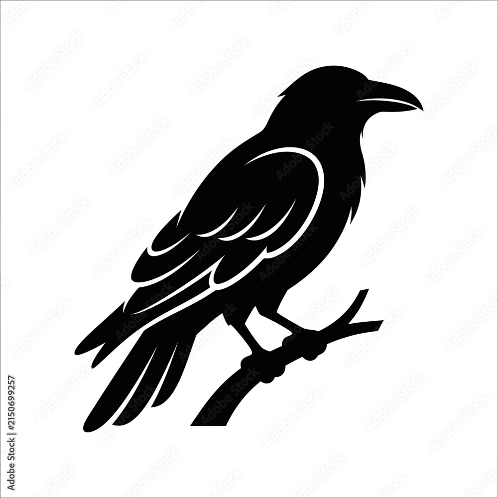 Fototapeta premium Raven perched on a gnarled tree branch stands as a bold silhouette representing mysterious nature and wildlife in a dark, atmospheric setting.