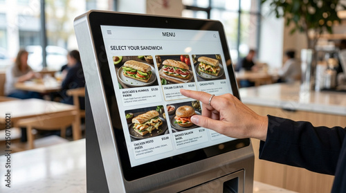 Customer hand selects sandwich from digital menu kiosk at cafe