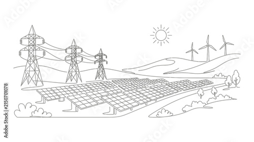 Green energy landscape line art depicting solar panels, wind turbines, and high voltage towers.