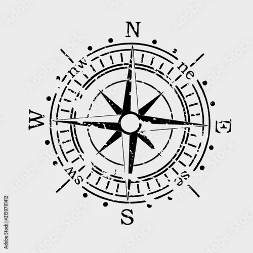 Compass rose vintage design illustration featuring distressed black ink textures on a plain light background surface