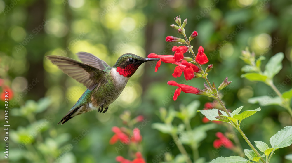 Obraz premium Hummingbird hovering red flower garden nectar bird wing green nature Hummingbird hovering near red flower feeding nectar green garden, delicate wing motion and soft natural background with wild