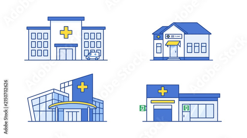 Hospital building icons represent various medical clinics and healthcare facilities in modern linear style.