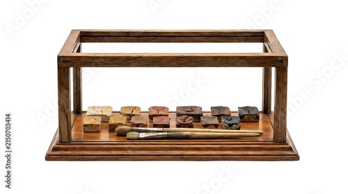 Wooden case containing art brushes and paints