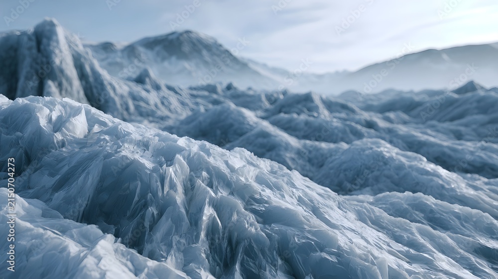 Fototapeta premium A vast expanse of fractured glacier ice under a pale sky revealing rugged frozen terrain and atmospheric depth
