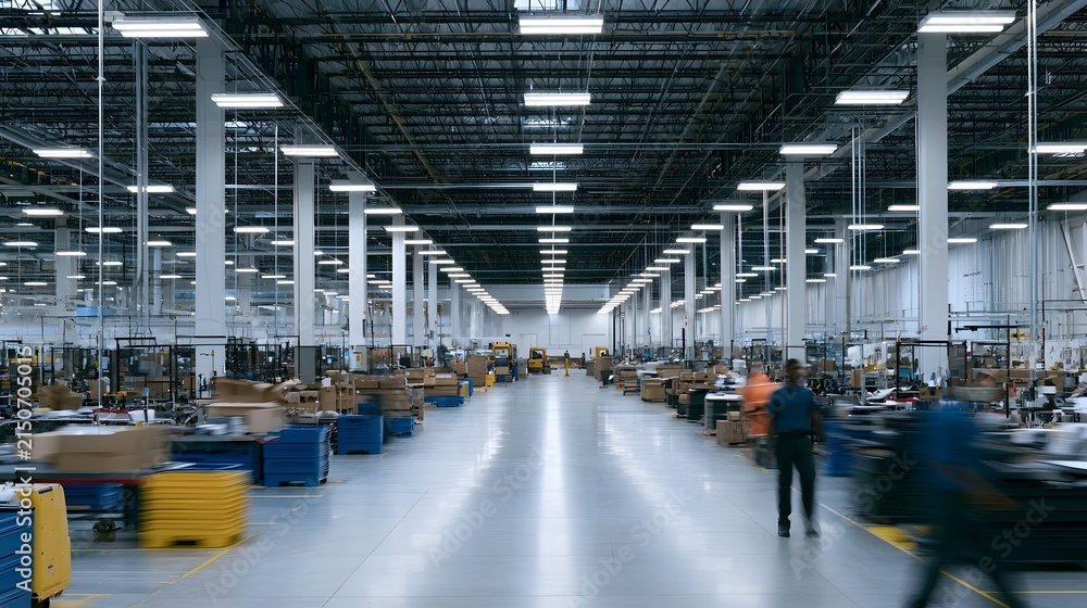 Fototapeta premium Large industrial warehouse interior with workers moving through aisles of storage bins under bright overhead lighting