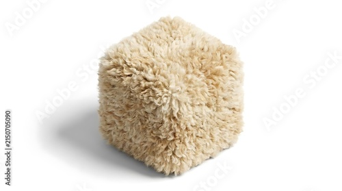 Shaggy beige textured cube on white background.
