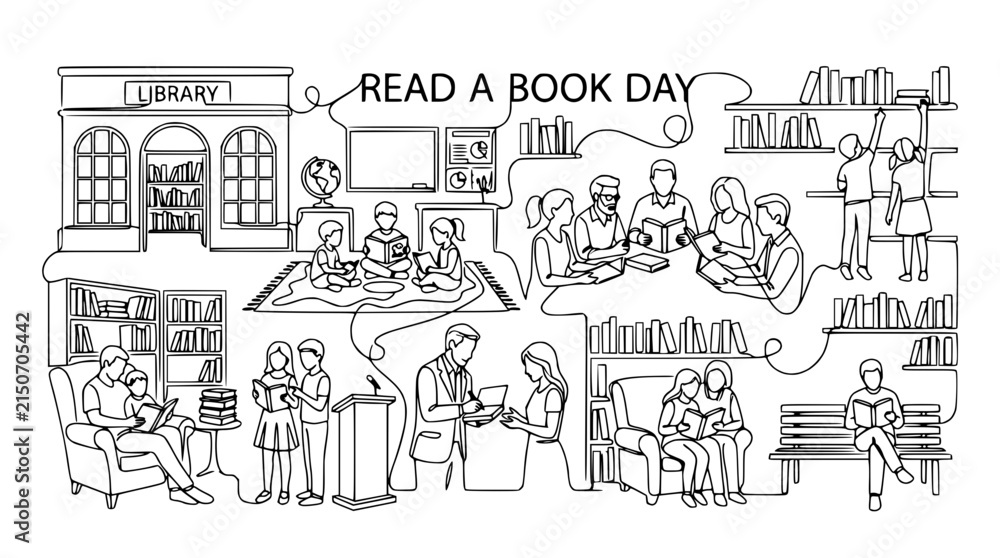 Fototapeta premium Diverse People Reading Books in Library Scene, Read a Book Day Celebration
