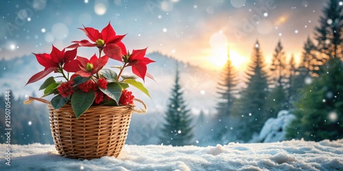 Winter Sunset Poinsettia Basket on Snowy Landscape Festive Holiday Scene Featuring Vibrant Red Blooms and a Rustic Woven Container Against a Backdrop of Serene Winter Wonderland