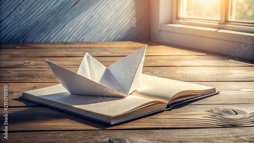 A paper boat rests gently on an open notebook, bathed in sunlight streaming through a nearby window, symbolizing dreams, adventures, and the unwritten chapters of life's journey.