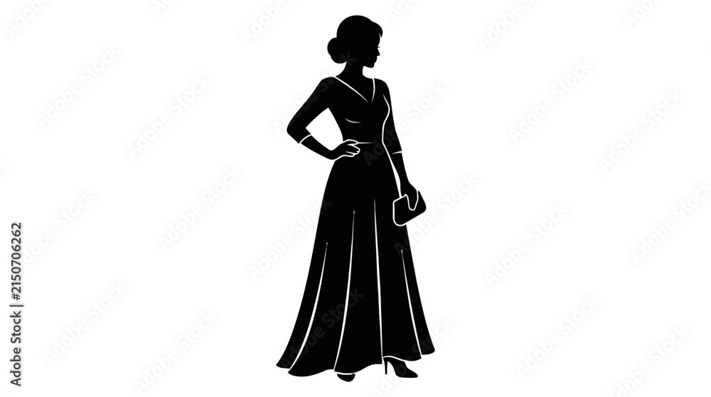 Fototapeta premium Elegant Woman Silhouette Evening Gown Clutch Hand on Hip Fashion Vector