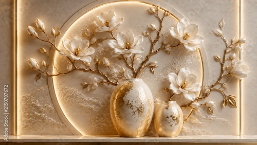 Stunning 3D relief art featuring white magnolia blossoms on branches emerging from oval ceramic vases adorned with shimmering gold leaf.