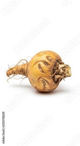 A single fresh maca root with rootlets isolated on a clean white background.