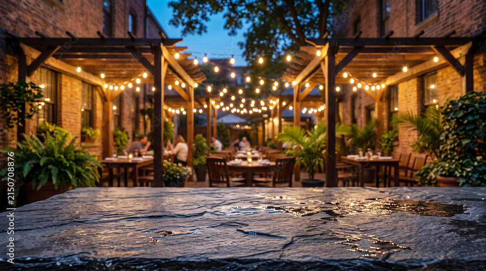 Fototapeta premium Slate tabletop in the foreground of an outdoor restaurant patio at dusk, illuminated by glowing string lights and brick building architecture