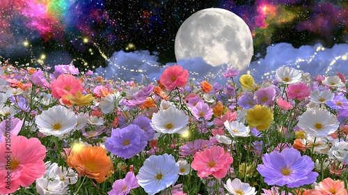 Vibrant flower field under colorful night sky with full moon and cosmic stars