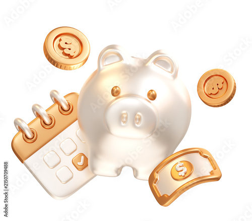 3d render piggy bank gold coin calendar dollar money finance investment saving business wealth plan