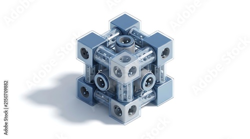 Transparent blue mechanical cube with internal technical components.