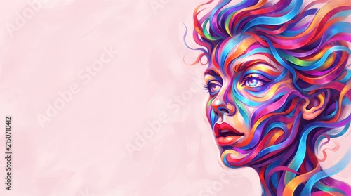 Colorful portrait of a woman with vibrant paint strokes and a dreamy expression