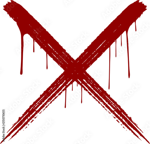 Dark red dripping X mark icon PNG representing rejection, cancellation, error and prohibition with a rough painted brushstroke appearance, Isolated on Transparent Background