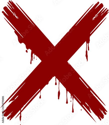 Dark red rough brush X mark icon PNG symbolizing rejection, cancellation, failure and error with expressive painted strokes, Isolated on Transparent Background