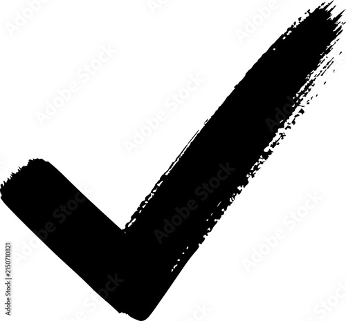 Black checkmark icon PNG representing approval, confirmation, success and correct selection with a bold hand painted brushstroke design, Isolated on Transparent Background