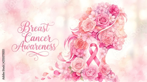 Watercolor illustration of a woman profile made of pink flowers for breast cancer awareness month campaign
