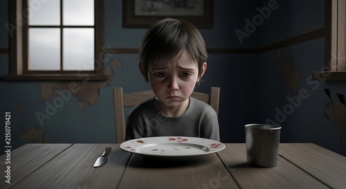 Sad Hungry Child Sitting Alone at Empty Table.