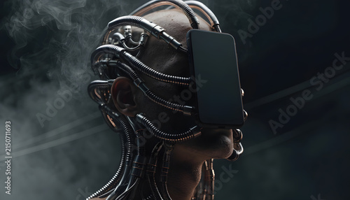Mobile phone addiction and cyberpunk technology dependence. Digital enslavement and futuristic AI concept. Human head connected to smartphone via metal cables