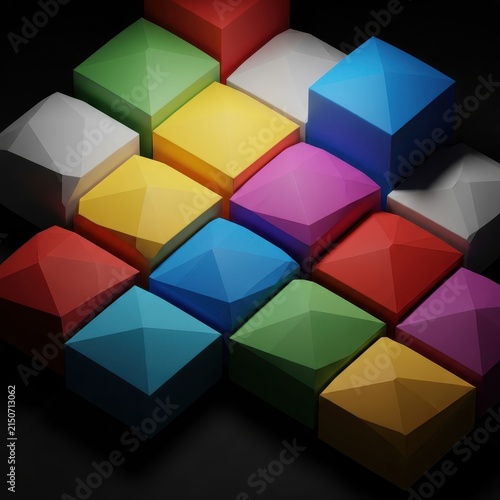 Array of Colorful Geometric Cubes Arranged in a Textured Abstract Pattern
