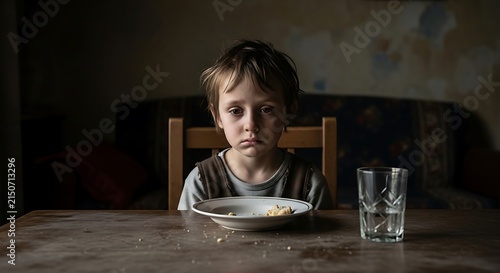 Sad Young Boy Sitting Alone at a Table with Empty Plate.