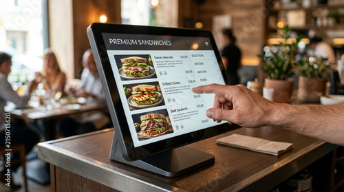 Customer orders food via touchscreen menu in a modern cafe