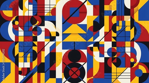 Abstract geometric composition with colorful shapes and patterns