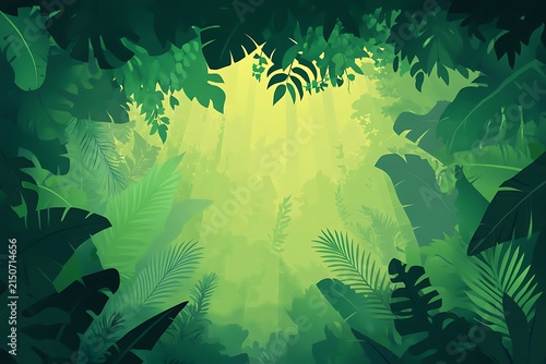 Vibrant sunlight piercing through dense tropical leaves