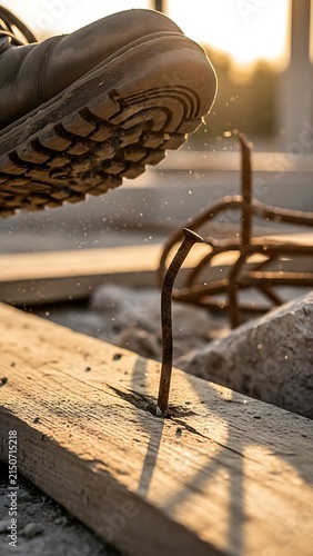 Safety boot stepping on a sharp nail on a construction site at sunset.