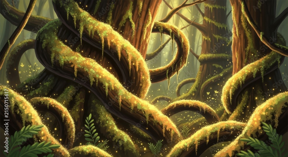 Fototapeta premium Ancient, moss-covered trees with glowing vines and sunbeams in a vibrant fantasy forest