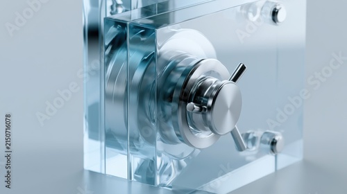 A close-up abstract view of a mechanical component, possibly a pump or engine part, encased in clear acrylic. The metallic parts gleam under studio lighting.