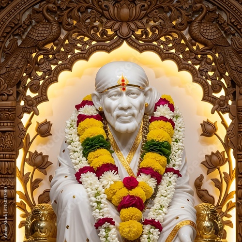 Sai Baba Statue adorned with Flower Garlands in Temple.