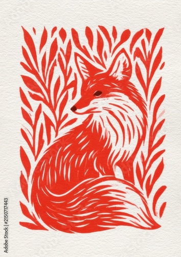 Cunning fox glancing over its shoulder in a red linocut print on textured offwhite paper with a vintage aesthetic