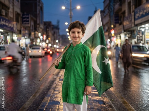 Young boy wearing a green kurta holding a pakistan flag standing on a wet city street at dusk with blurred traffic and buildings in the background