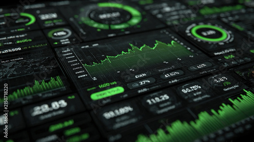 Financial data visualization over green tech digital screens highlighting eco-finance sustainable investments clean energy analytics and futuristic green business dashboards