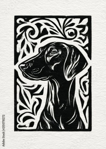 Profile of a loyal hunting dog in a vintage playing card design on offwhite textured paper