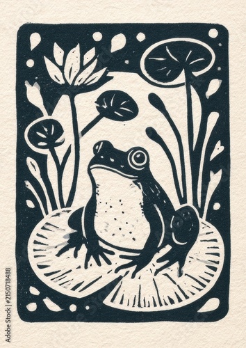 Sitting frog on a large lily pad in a vintage playing card inspired linocut design on ivory textured paper