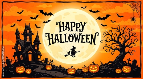 A spooky and delightful halloween scene a haunted castle witch bats and glowing jack o' lanterns