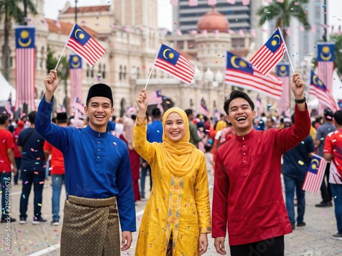 Young malaysian adults in traditional clothing waving national flags during a public celebration in front of the sultan abdul samad building in kuala lumpur with a blurred crowd in the background