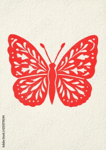 Butterfly with ornate wings in a red linocut print on textured offwhite paper with vintage card style