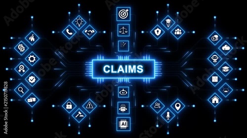 Abstract Insurance claims network animation with glowing data connections and technology icons, digital claims processing . with neon toolbox any item use for animation